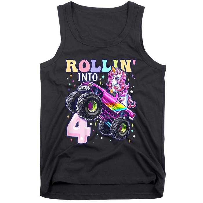 Unicorn Monster Truck 4th Birthday 4 Year Old Party Tank Top