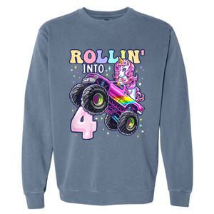 Unicorn Monster Truck 4th Birthday 4 Year Old Party Garment-Dyed Sweatshirt