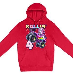 Unicorn Monster Truck 4th Birthday 4 Year Old Party Premium Pullover Hoodie