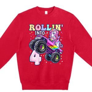 Unicorn Monster Truck 4th Birthday 4 Year Old Party Premium Crewneck Sweatshirt