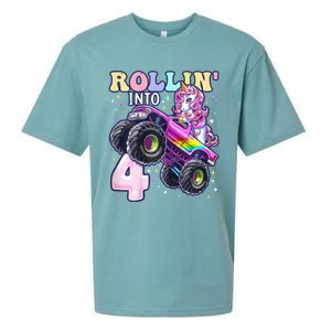 Unicorn Monster Truck 4th Birthday 4 Year Old Party Sueded Cloud Jersey T-Shirt