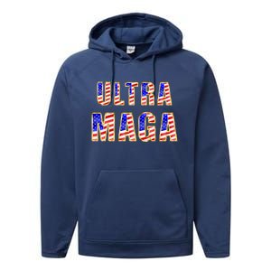 Ultra MAGA USA Gold Flag Font Trump 2024 Anti Biden Performance Fleece Hoodie