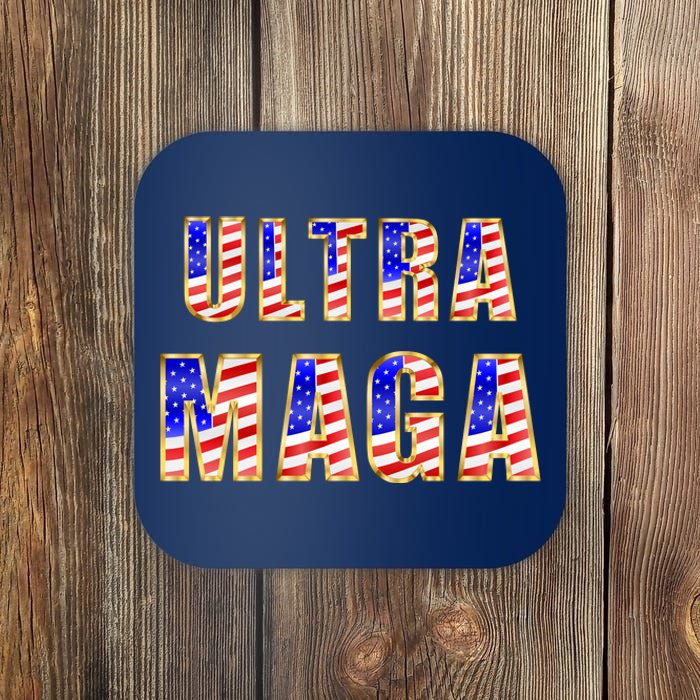 Ultra MAGA USA Gold Flag Font Trump 2024 Anti Biden Coaster