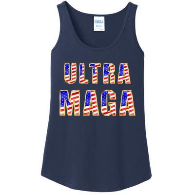 Ultra MAGA USA Gold Flag Font Trump 2024 Anti Biden Ladies Essential Tank