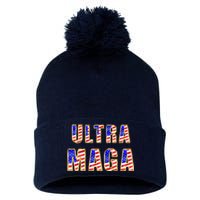 Ultra MAGA USA Gold Flag Font Trump 2024 Anti Biden Pom Pom 12in Knit Beanie