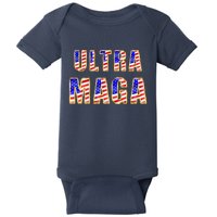 Ultra MAGA USA Gold Flag Font Trump 2024 Anti Biden Baby Bodysuit