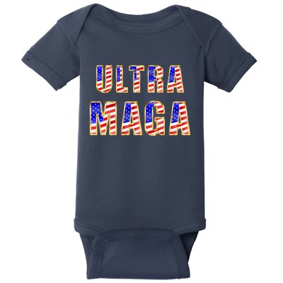 Ultra MAGA USA Gold Flag Font Trump 2024 Anti Biden Baby Bodysuit