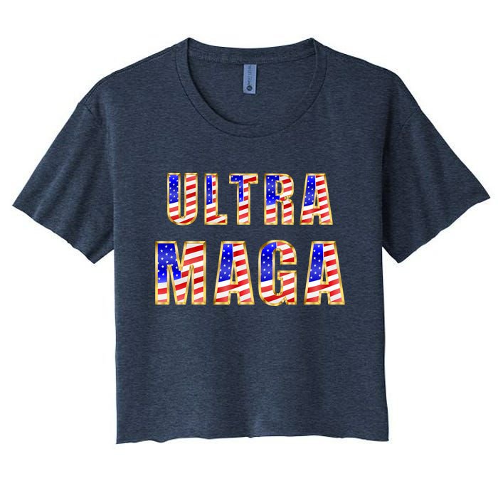 Ultra MAGA USA Gold Flag Font Trump 2024 Anti Biden Women's Crop Top Tee