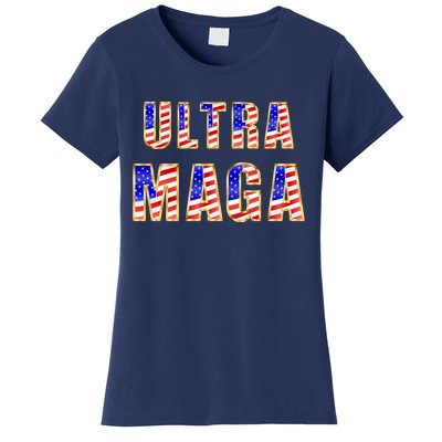 Ultra MAGA USA Gold Flag Font Trump 2024 Anti Biden Women's T-Shirt