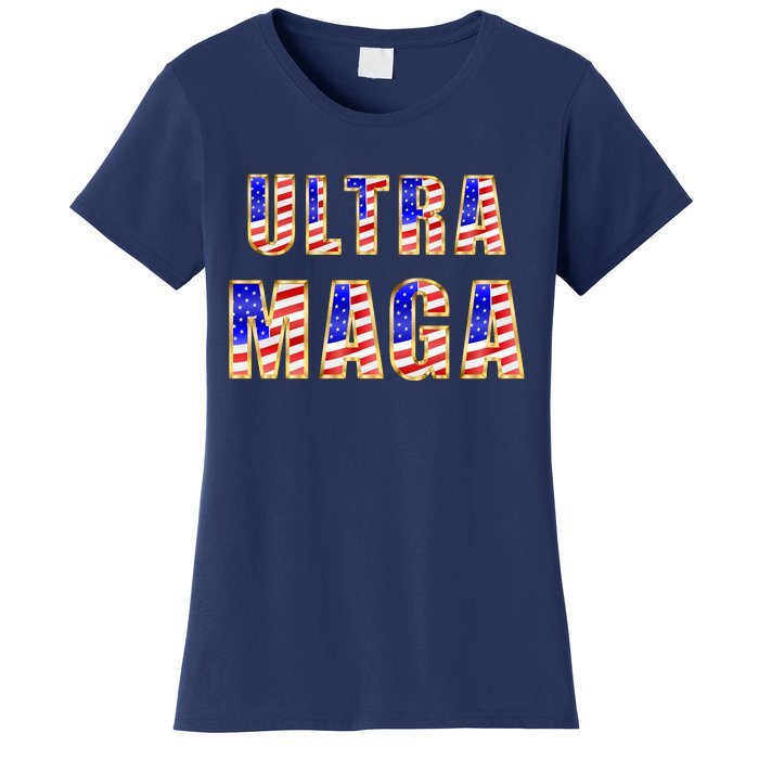 Ultra MAGA USA Gold Flag Font Trump 2024 Anti Biden Women's T-Shirt