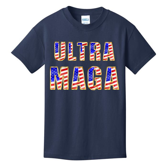 Ultra MAGA USA Gold Flag Font Trump 2024 Anti Biden Kids T-Shirt