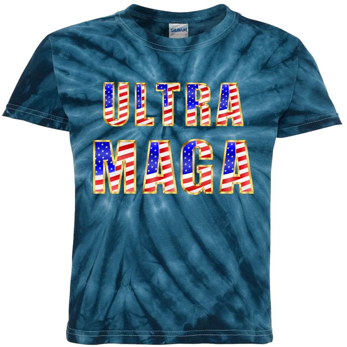 Ultra MAGA USA Gold Flag Font Trump 2024 Anti Biden Kids Tie-Dye T-Shirt