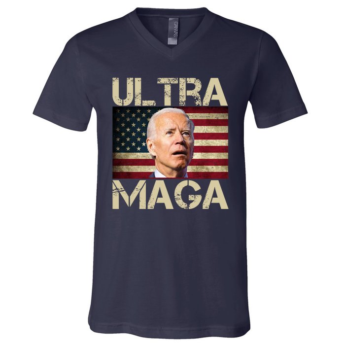 Ultra Maga Usa Flag Joe Biden Funny V-Neck T-Shirt