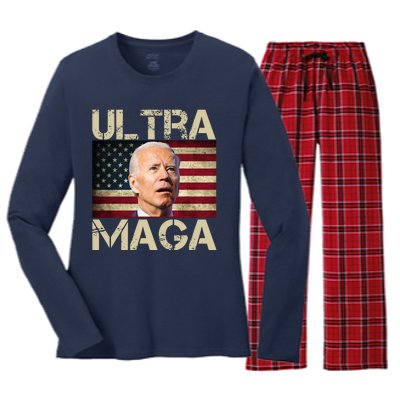 Ultra Maga Usa Flag Joe Biden Funny Women's Long Sleeve Flannel Pajama Set 