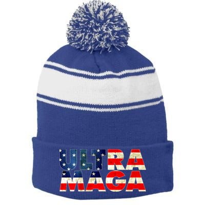 Ultra Maga USA American Flag Stripe Pom Pom Beanie