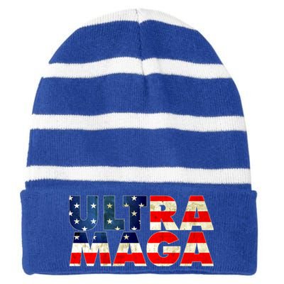 Ultra Maga USA American Flag Striped Beanie with Solid Band