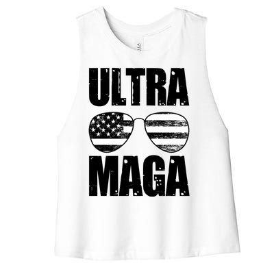 Ultra Maga USA Flag Sunglasses Women's Racerback Cropped Tank