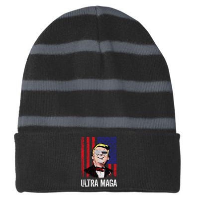 Ultra MAGA USA Flag Parody Trump 2024 Anti Biden Striped Beanie with Solid Band