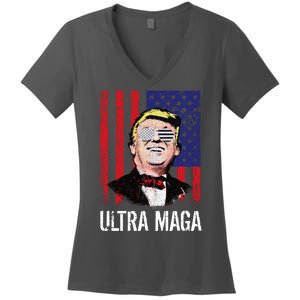 Ultra MAGA USA Flag Parody Trump 2024 Anti Biden Women's V-Neck T-Shirt