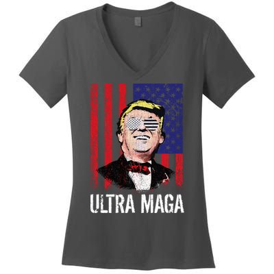 Ultra MAGA USA Flag Parody Trump 2024 Anti Biden Women's V-Neck T-Shirt