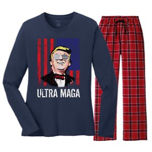 Ultra MAGA USA Flag Parody Trump 2024 Anti Biden Women's Long Sleeve Flannel Pajama Set 