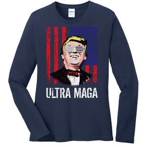 Ultra MAGA USA Flag Parody Trump 2024 Anti Biden Ladies Long Sleeve Shirt