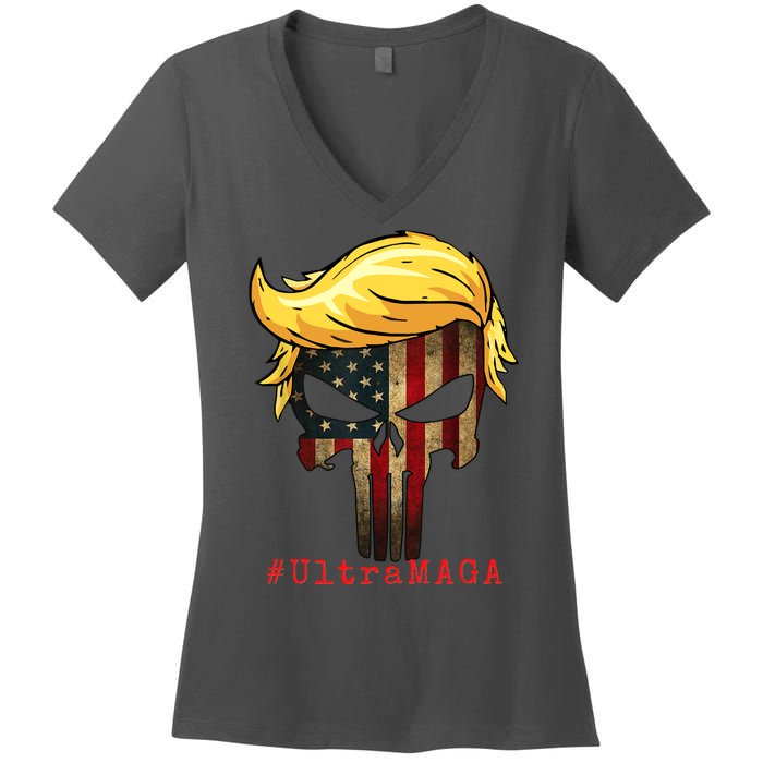 Ultra MAGA #UltraMAGA Punisher Trump Women's V-Neck T-Shirt