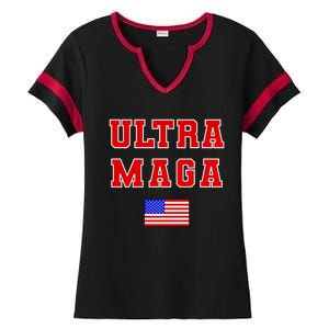 Ultra MAGA Varsity USA United States Flag Logo Ladies Halftime Notch Neck Tee