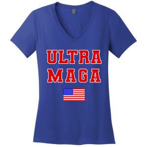 Ultra MAGA Varsity USA United States Flag Logo Women's V-Neck T-Shirt