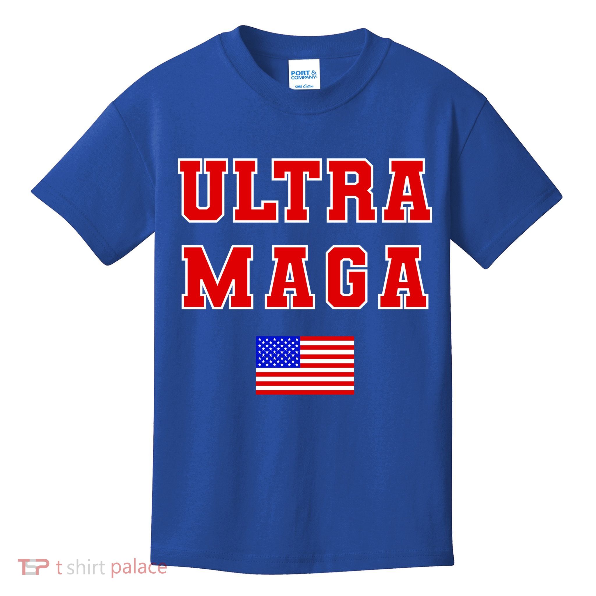 Ultra MAGA Varsity USA United States Flag Logo Kids T-Shirt