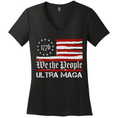 Ultra MAGA We The People Shirt Funny Anti Biden US Flag Pro Trump Trendy Women's V-Neck T-Shirt