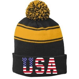 Usa National American Flag 4th Of July Stripe Pom Pom Beanie