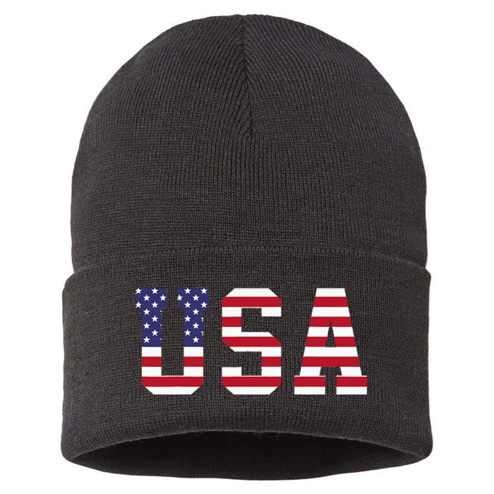 Usa National American Flag 4th Of July Sustainable Knit Beanie