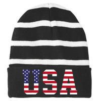 Usa National American Flag 4th Of July Striped Beanie with Solid Band