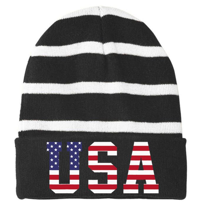 Usa National American Flag 4th Of July Striped Beanie with Solid Band