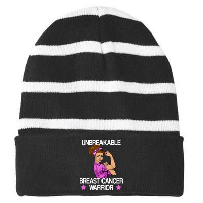 Unbreakable Breast Cancer Warrior Striped Beanie with Solid Band