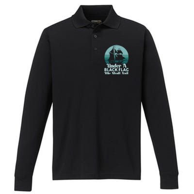 Under A Black Flag We Shall Sail Vintage Pirate Ship Motto Performance Long Sleeve Polo