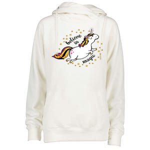 Unicorn Believe In Magic Womens Funnel Neck Pullover Hood