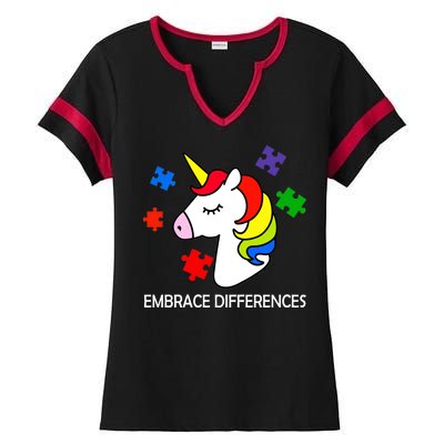 Unicorn Embrace The Differences Autism Ladies Halftime Notch Neck Tee