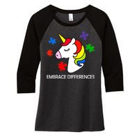 Unicorn Embrace The Differences Autism Women's Tri-Blend 3/4-Sleeve Raglan Shirt