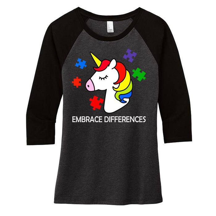 Unicorn Embrace The Differences Autism Women's Tri-Blend 3/4-Sleeve Raglan Shirt