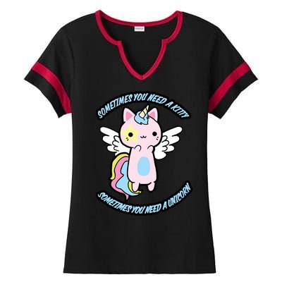 Unicorn Kitty Funny Cute Meme Ladies Halftime Notch Neck Tee