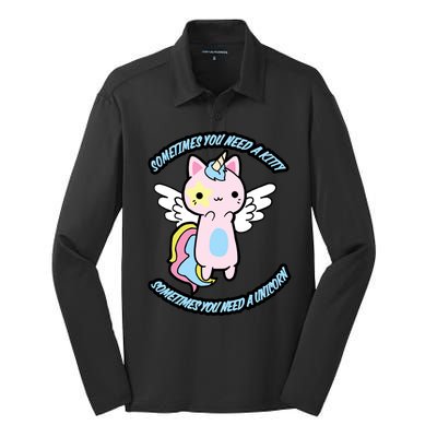 Unicorn Kitty Funny Cute Meme Silk Touch Performance Long Sleeve Polo