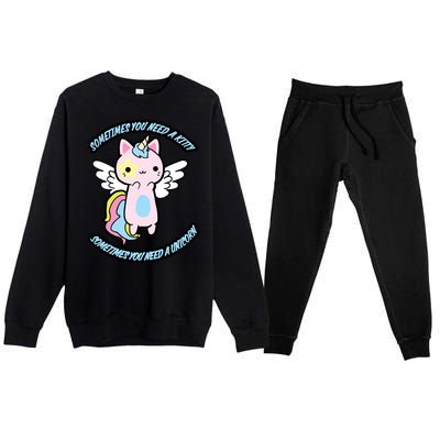 Unicorn Kitty Funny Cute Meme Premium Crewneck Sweatsuit Set