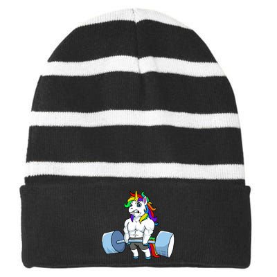 Unicorn Lifting Weights Striped Beanie with Solid Band