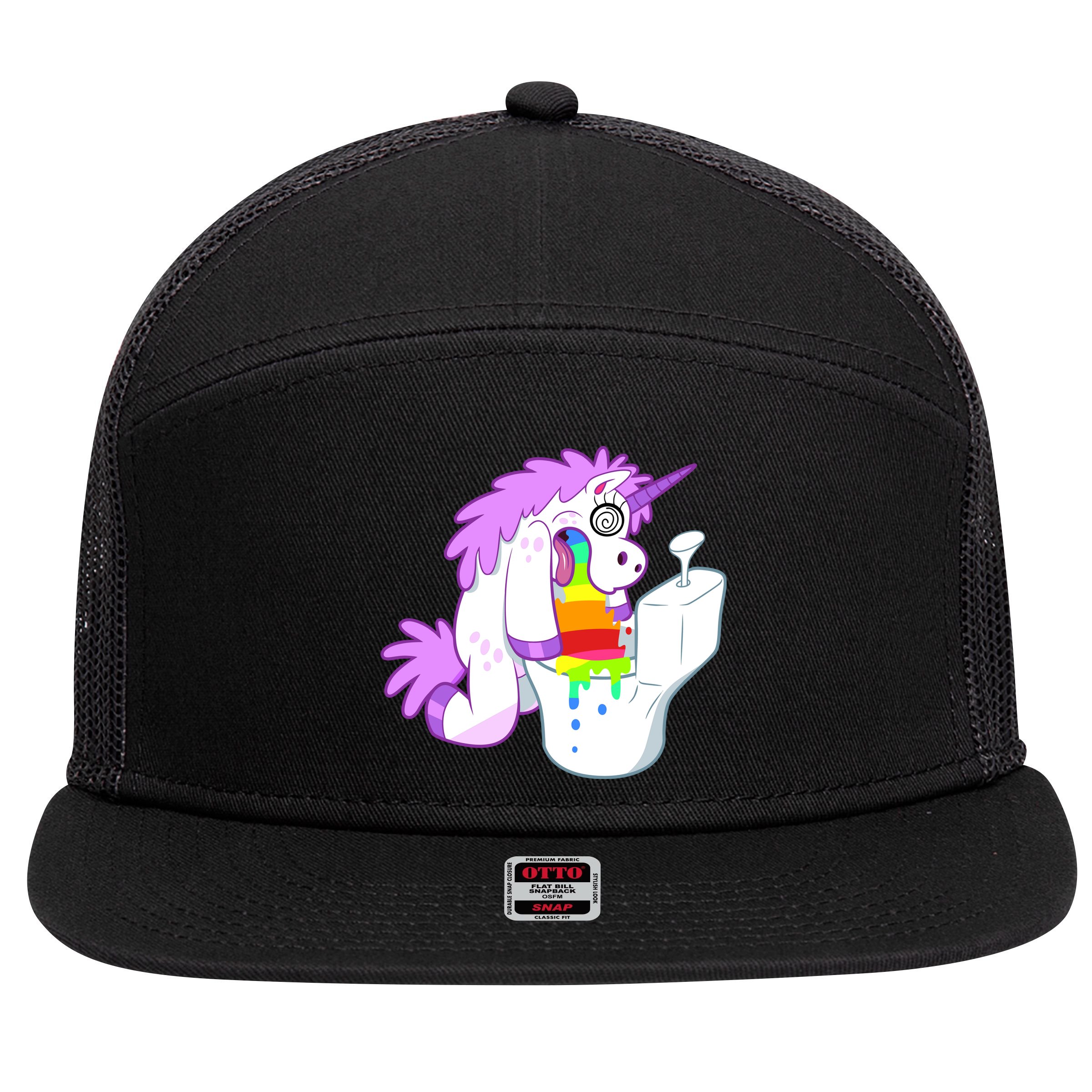 Unicorn Pukes Rainbow In The Toilet 7 Panel Mesh Trucker Snapback Hat