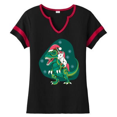 Unicorn Ridding Dinosaur Christmas Ladies Halftime Notch Neck Tee