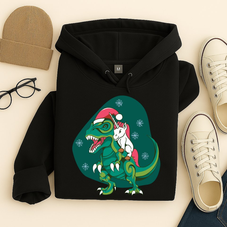 Unicorn Ridding Dinosaur Christmas Hoodie
