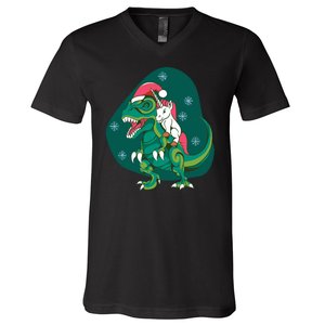 Unicorn Ridding Dinosaur Christmas V-Neck T-Shirt