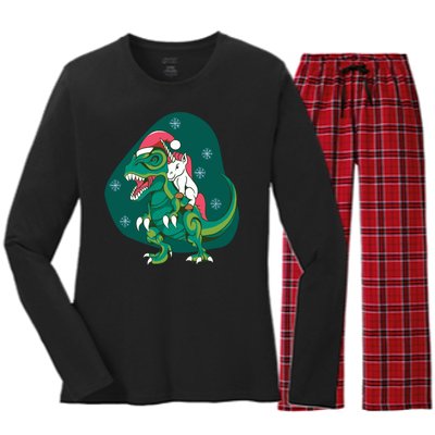 Unicorn Ridding Dinosaur Christmas Women's Long Sleeve Flannel Pajama Set 